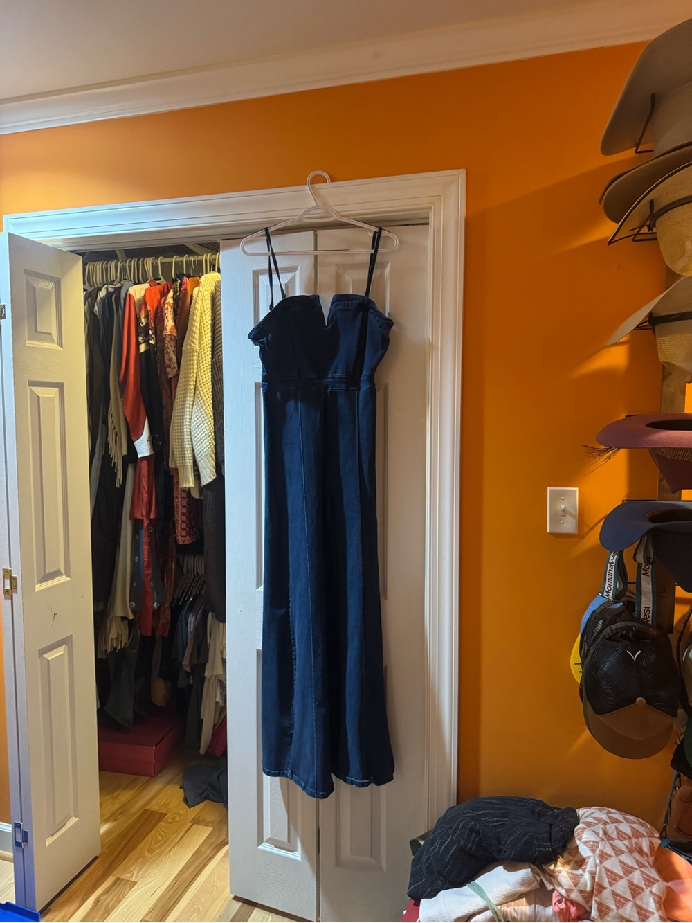 Flying Tomato Navy Blue Denim Jumpsuit with Spaghetti Straps